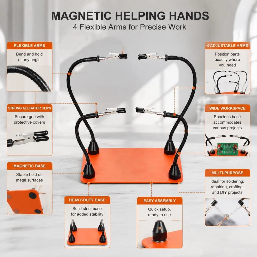 Soldering Aid Third Hand 201x140x3 Mm, Magnetic Soldering Station, 4 Flexible Arms, With Alligator Clips And Non-slip Steel Base, For Electronic Repairs, Crafting, Hobbies, DIY