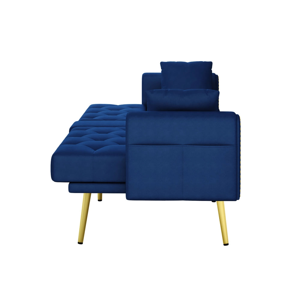 Divano letto multifunzionale in velluto blu con schienale regolabile e portabicchieri
