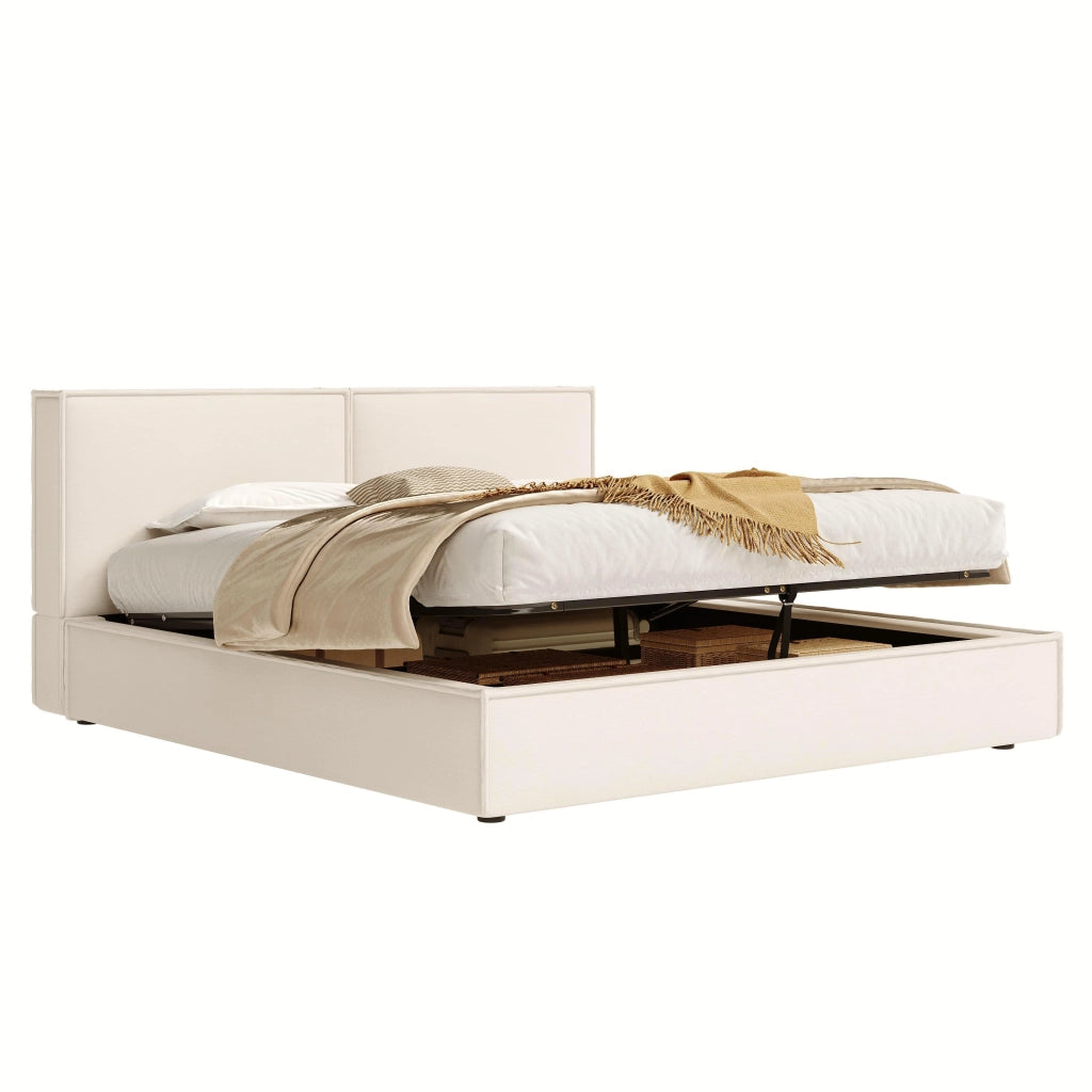 Letto matrimoniale contenitore 180 x 200 cm in lino beige, imbottito idraulico con rete a doghe, contenitore di contenitore spazioso