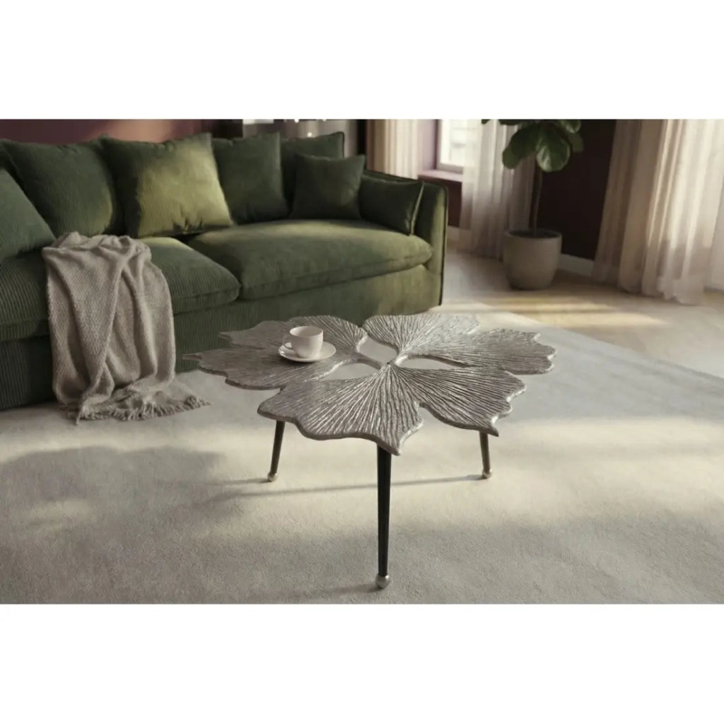 Tavolino basso LOTUSIA argentato 75 cm – Design floreale scolpito in alluminio