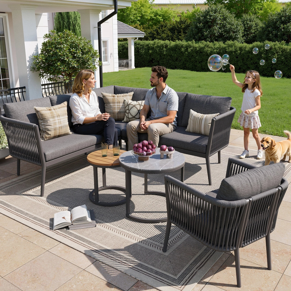 Set lounge da esterno modulare 6 pezzi con 2 tavolini; metallo e olefina; grigio