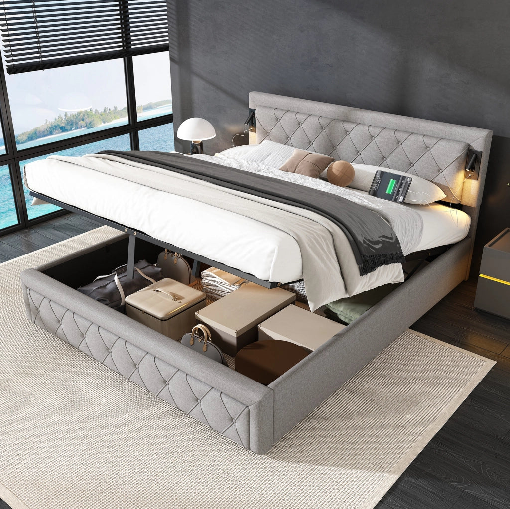 Letto imbottito contenitore idraulico con USB e downlight; lino grigio