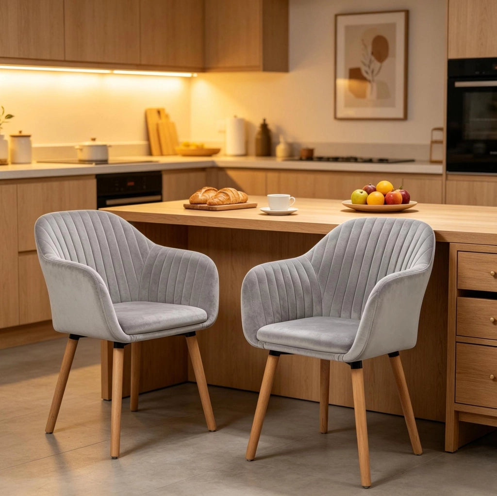 Set di 2 sedie da pranzo in velluto grigio chiaro con braccioli