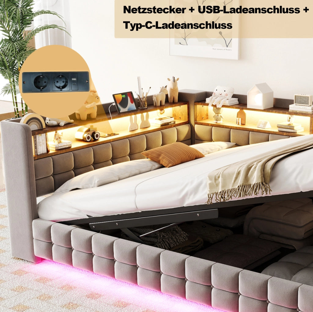 Letto Poltrona Multifunzionale 140x200 cm con Contenitore Idraulico, Mensole in Legno, Illuminazione LED, Prese USB e Tipo-C, Rivestimento in Velluto Grigio Chiaro