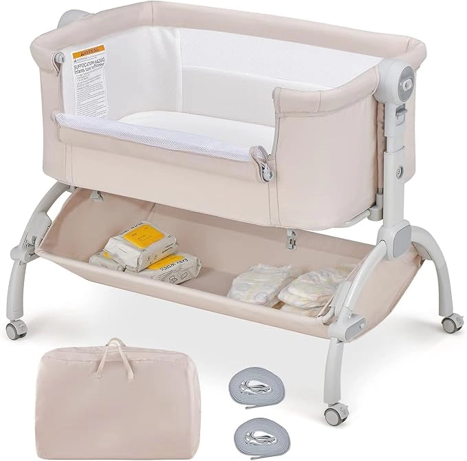 Culla Neonato, Culla Co-Sleeper Regolabile in Altezza a 7 Livelli, Ruote Bloccabili, Cesto Portaoggetti, Materasso e Baldacchino, Lettino Portatile e Pieghevole per Neonati 0-6 Mesi (Beige)