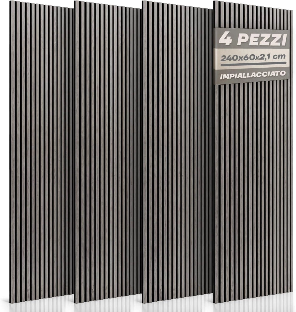 RMF PRO Set 4 Pannelli Decorativi Parete Legno Fonoassorbenti Rovere Grigio 240x60 cm (5,76 m²) – Rivestimento Acustico a Listelli MDF per Soggiorno, Camera e Ufficio