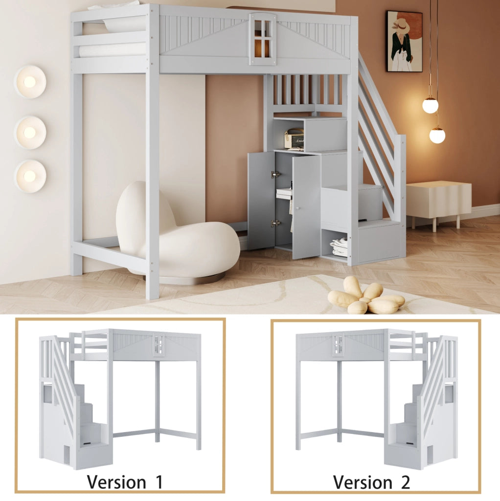 Letto a soppalco 90x200 cm in legno massello grigio