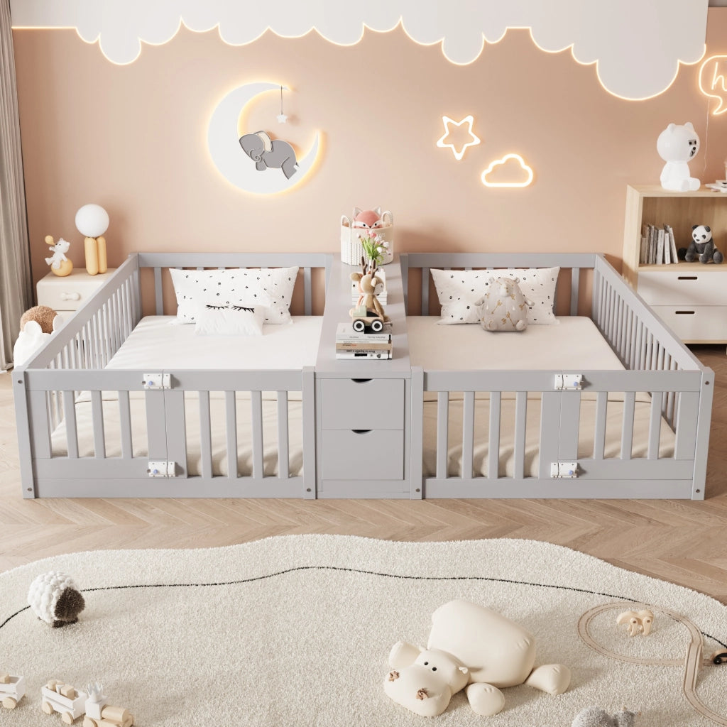 Letti per bambini 90 x 200 cm *2, in legno, con 2 cassetti, ripiano, sponde di sicurezza, grigio (senza base per il materasso)