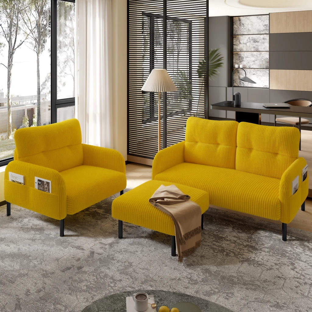Set salotto 3 pezzi in corda giallo: divano 2 posti, poltrona e pouf con tasca laterale