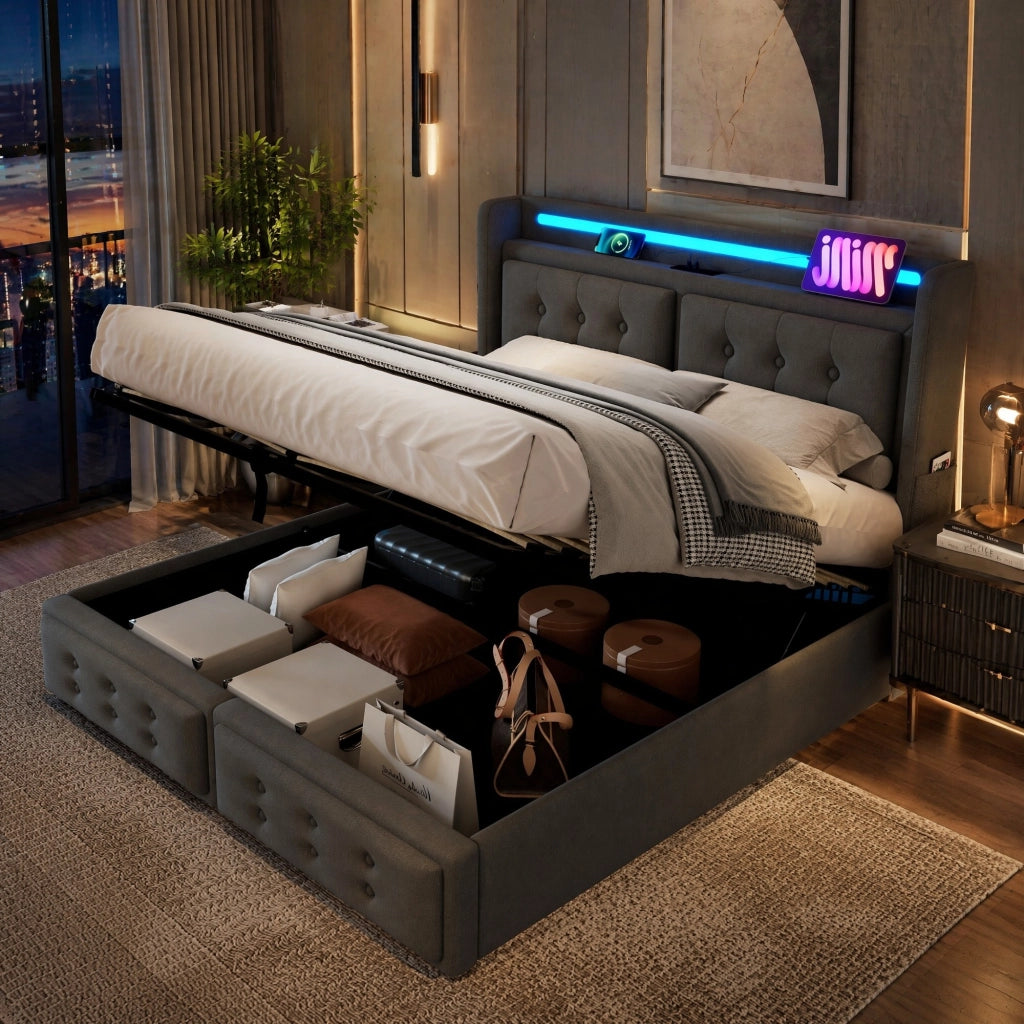 Letto contenitore 160 × 200 cm con LED; prese USB e USB-C; testiera in tessuto di cotone e lino grigio