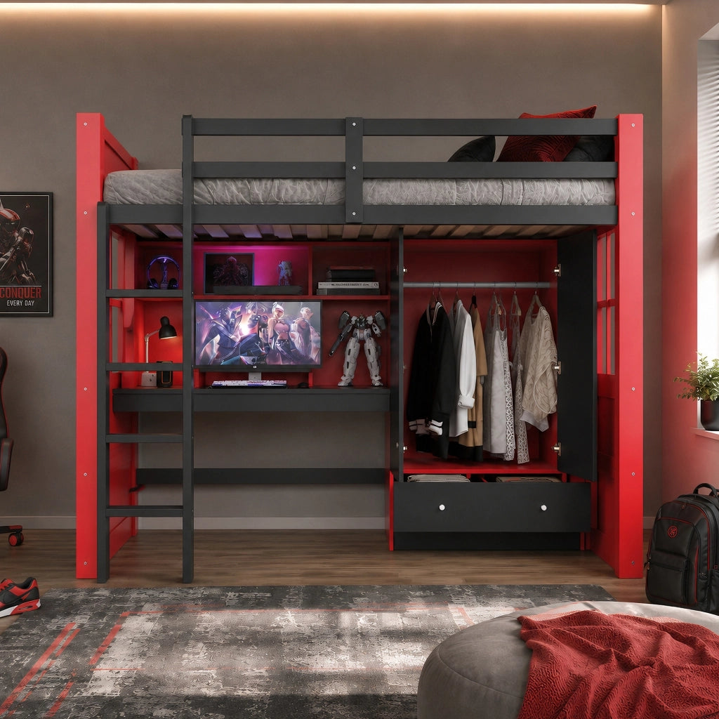 Letto a Soppalco 90x200 cm, Singolo - LED, prese elettriche, armadio e cassetti