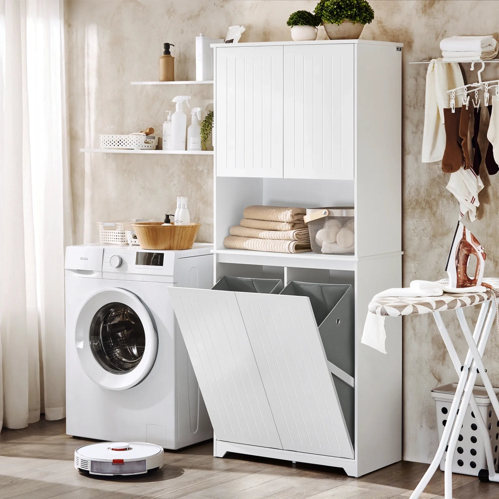 Mobile alto con 2 cesti portabiancheria da bagno, Armadio da terra, Bianco 70x37x170cm BZR150-W