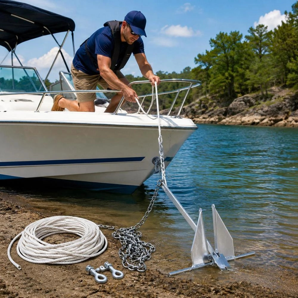 Fluke Anchor Set: Hot-dip Galvanized Steel Fluke Anchor With 2.4 M Chain, 30.8 M Rope And Two 11 Mm Shackles, Boat Anchor For Small Vessels Under 9.14 M, Seas, Rivers And Coasts, 6 Kg