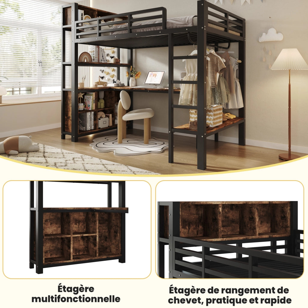 Letto a soppalco 90x200 cm con scrivania; appendiabiti; ripiani e vani contenitori; nero