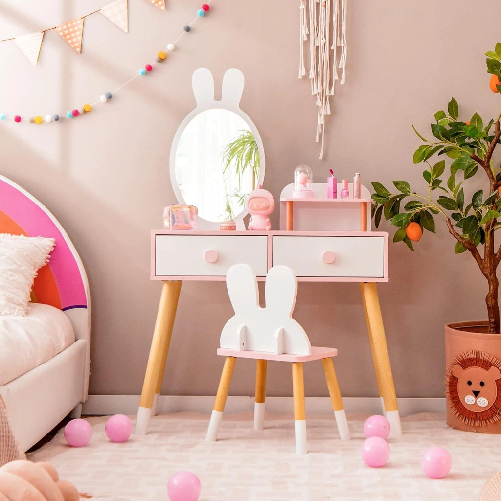 Toeletta Trucco 2 in 1 per Bambina a Forma di Coniglio, Bianco
Specchiera Staccabile per Ragazza in Legno con Sgabello, Ripiano e 2 Cassetti, Postazione Trucco, 78 x 37 x 110cm