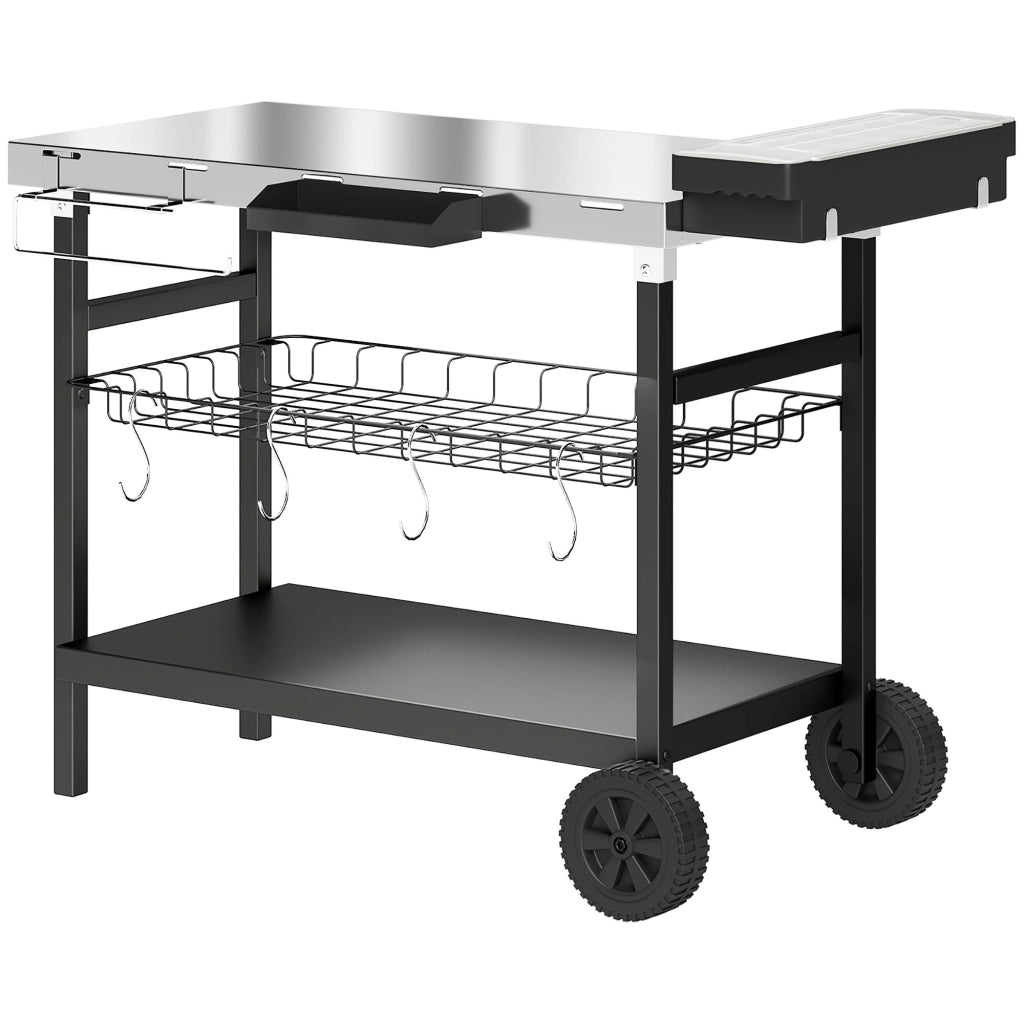 Carrello Barbecue da Esterno per Giardino, Tavolo Cucina con Piano in Acciaio Inox, 3 Ripiani, Ganci e Porta Spezie, Nero, Robusto e Pratico