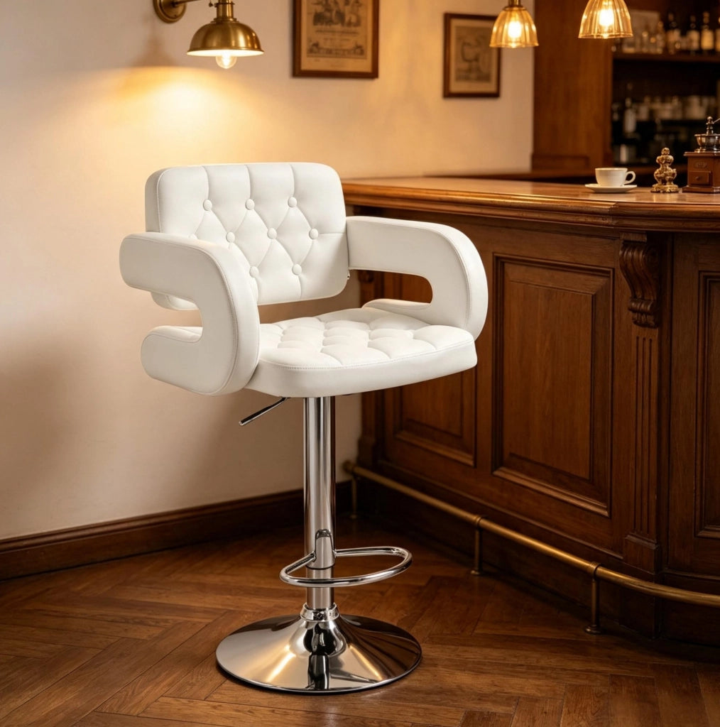 Sgabello da Bar Regolabile in Altezza con Braccioli e Schienale, Bianco, 61x50x93-113 cm