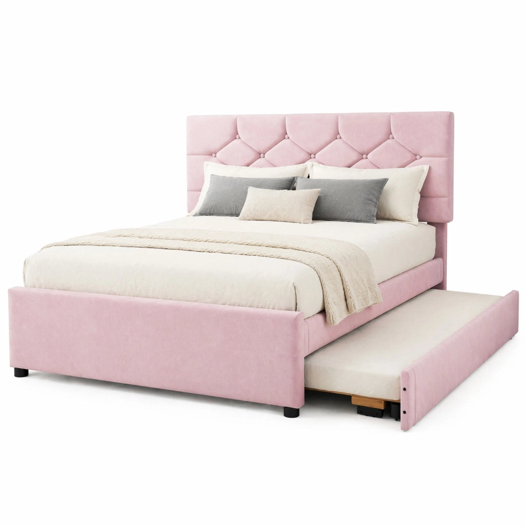 Letto imbottito 140x200 cm con rete a doghe e letto estraibile, rosa