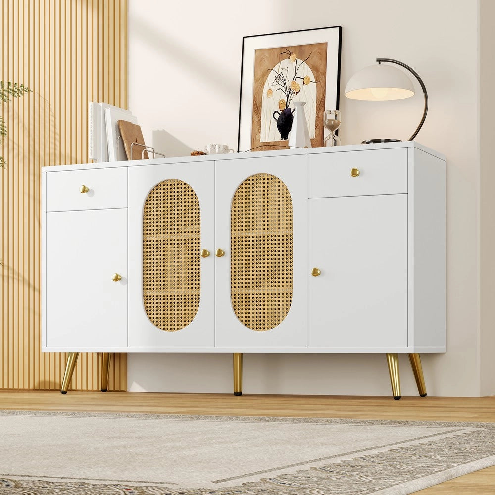 Cassettiera con 2 cassetti e 4 ante ¨C Minimal ¨C bianco legno naturale 140x35x82 cm per soggiorno cucina