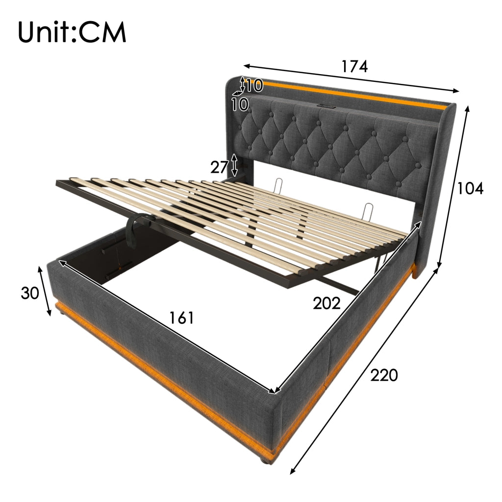 Letto contenitore 160×200 cm grigio con LED e USB
