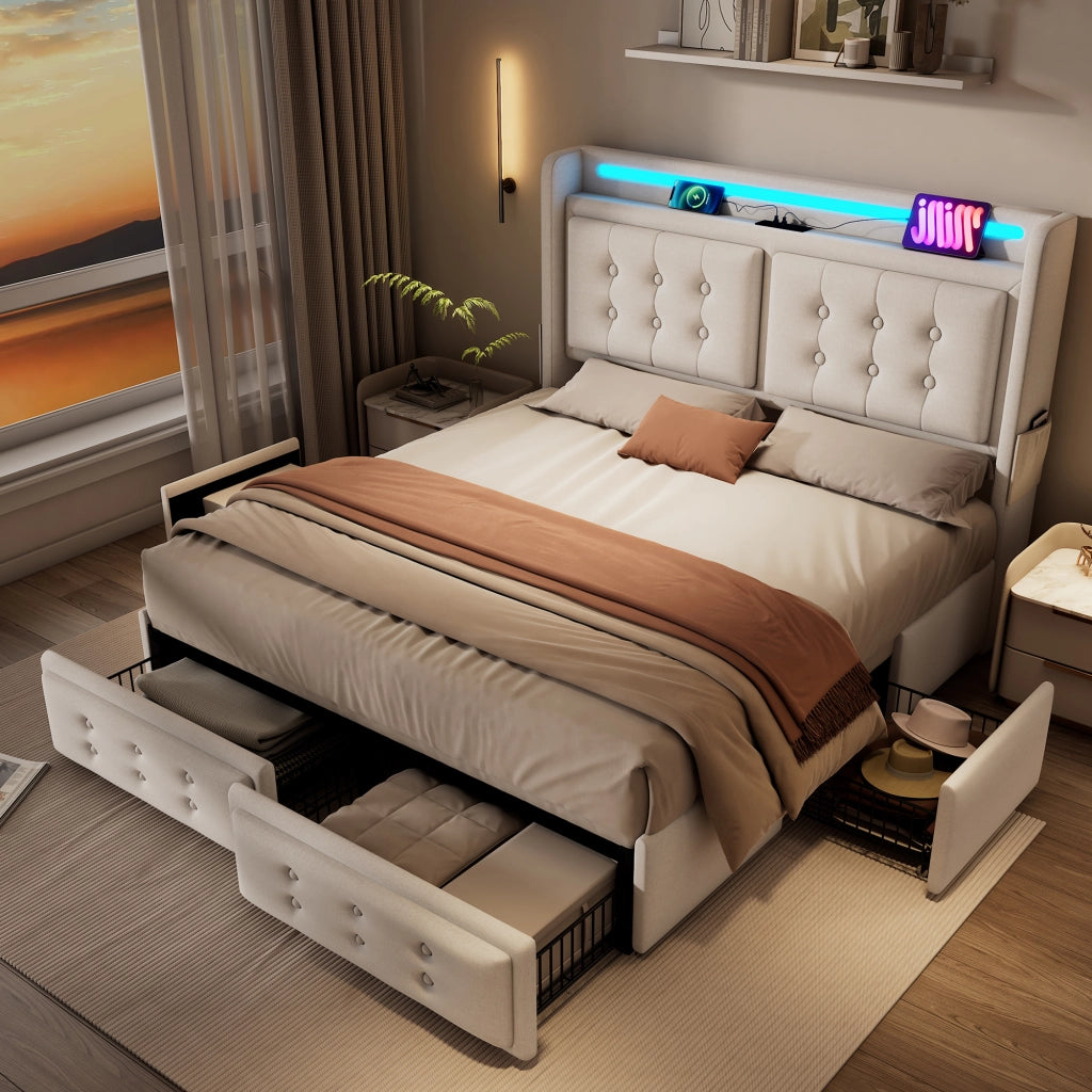 Letto Contenitore 140x200 cm; LED; USB e Type-C; 4 Cassetti; in Cotone e Metallo; Beige