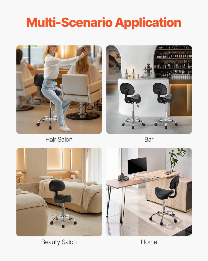 Sgabello da Sella con Ruote e Schienale MST003-4, Sedia Ergonomica Girevole Regolabile in Pelle PU, Portata 204 kg, Nero