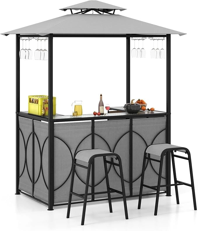 Set Bar da Patio a 3 Pezzi, Gazebo per Griglia e 2 Sgabelli da Bar con Tavolo in Vetro Temperato, Ripiani in Metallo, Portabicchieri, per Giardino Cortile e Spiaggia (Grigio)