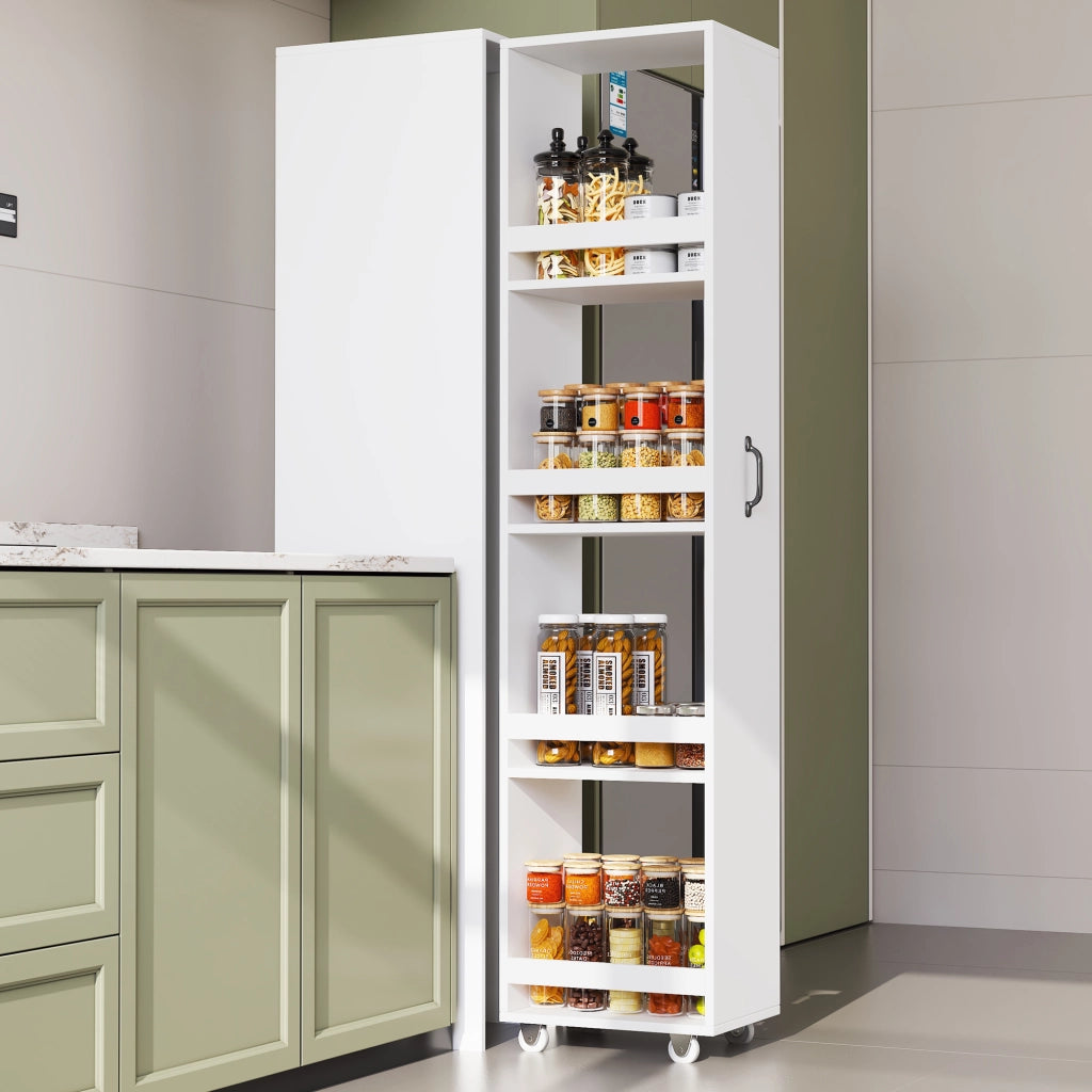 Scaffale stretto con ruote e box protettive in MDF bianco