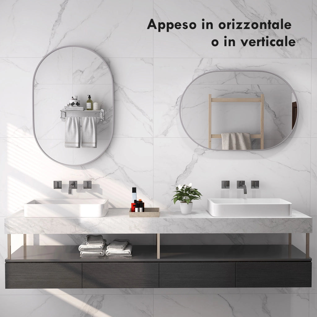 Specchio da Bagno Ovale con Cornice in Alluminio ¨C Minimal ¨C Argento 60x90 cm