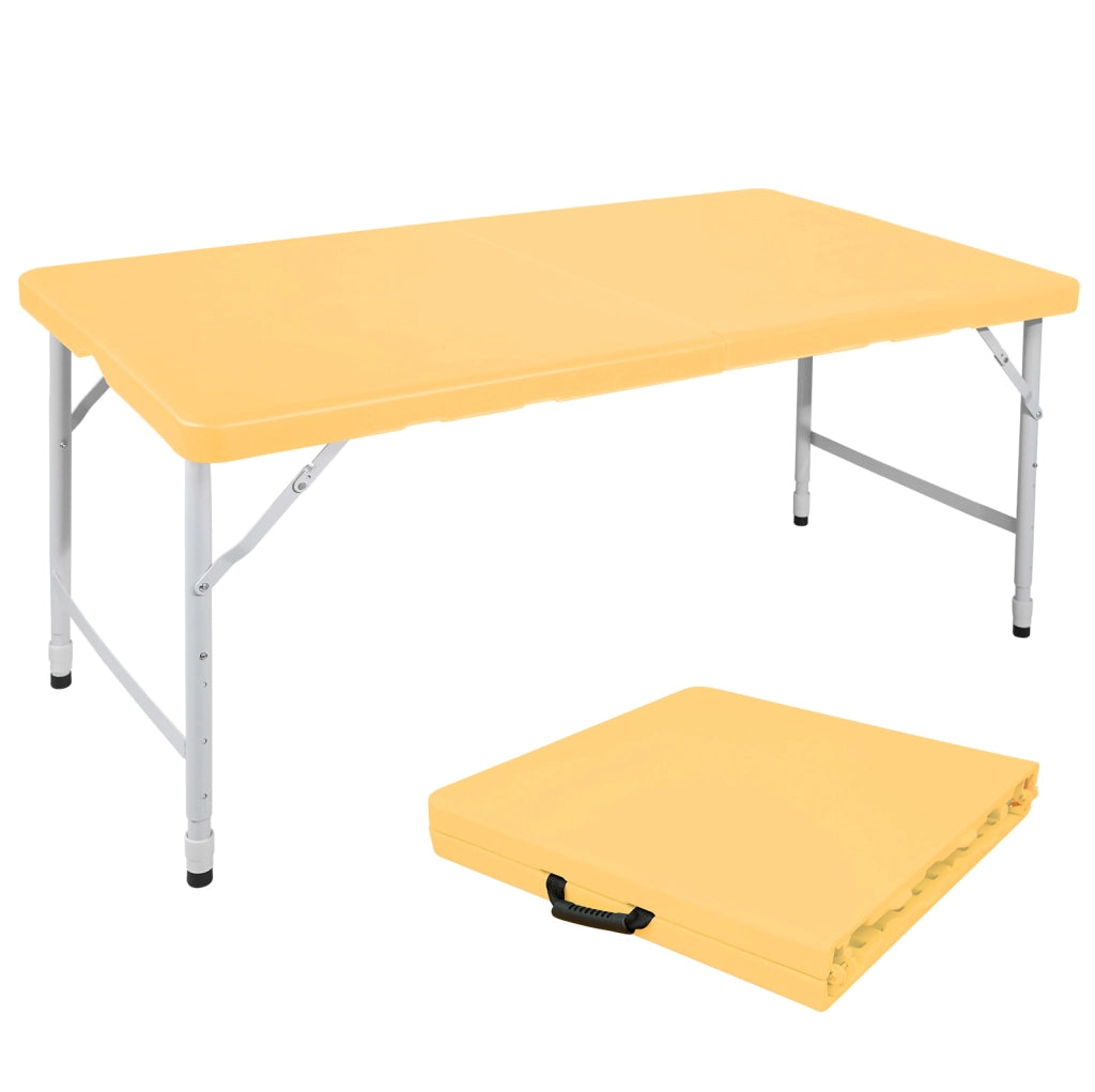 Tavolo pieghevole portatile 125 cm con altezza regolabile, struttura in ferro e plastica, colore giallo