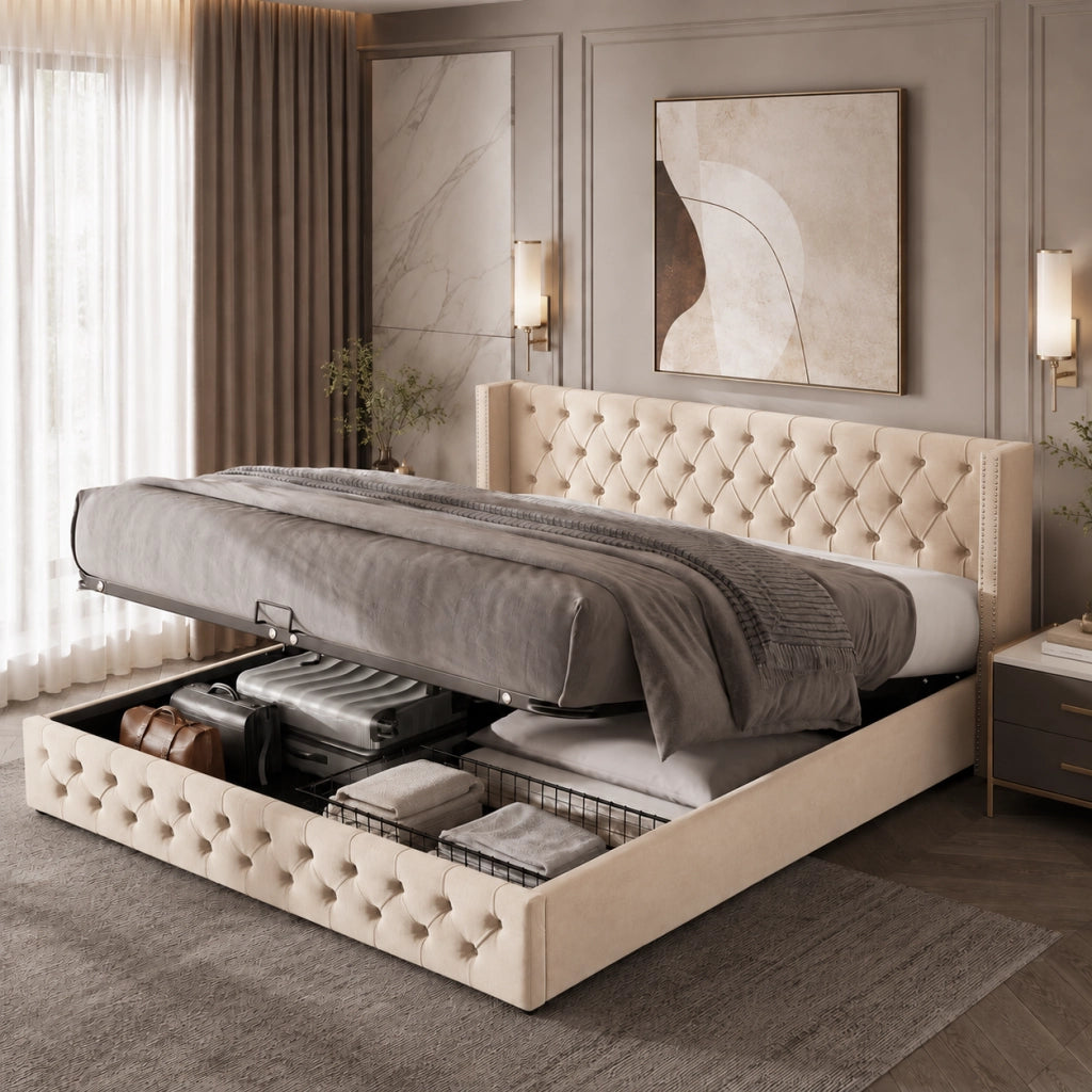 Letto contenitore 160x200 cm con sollevamento idraulico in velluto beige