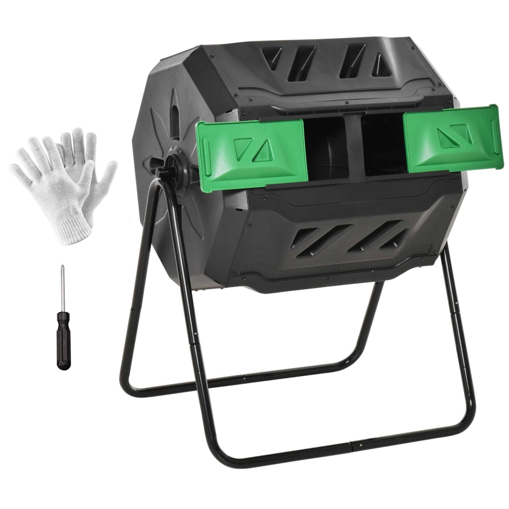 Compostiera rotante ULEVR 160 L a 2 camere con aerazione e telaio in acciaio, nera