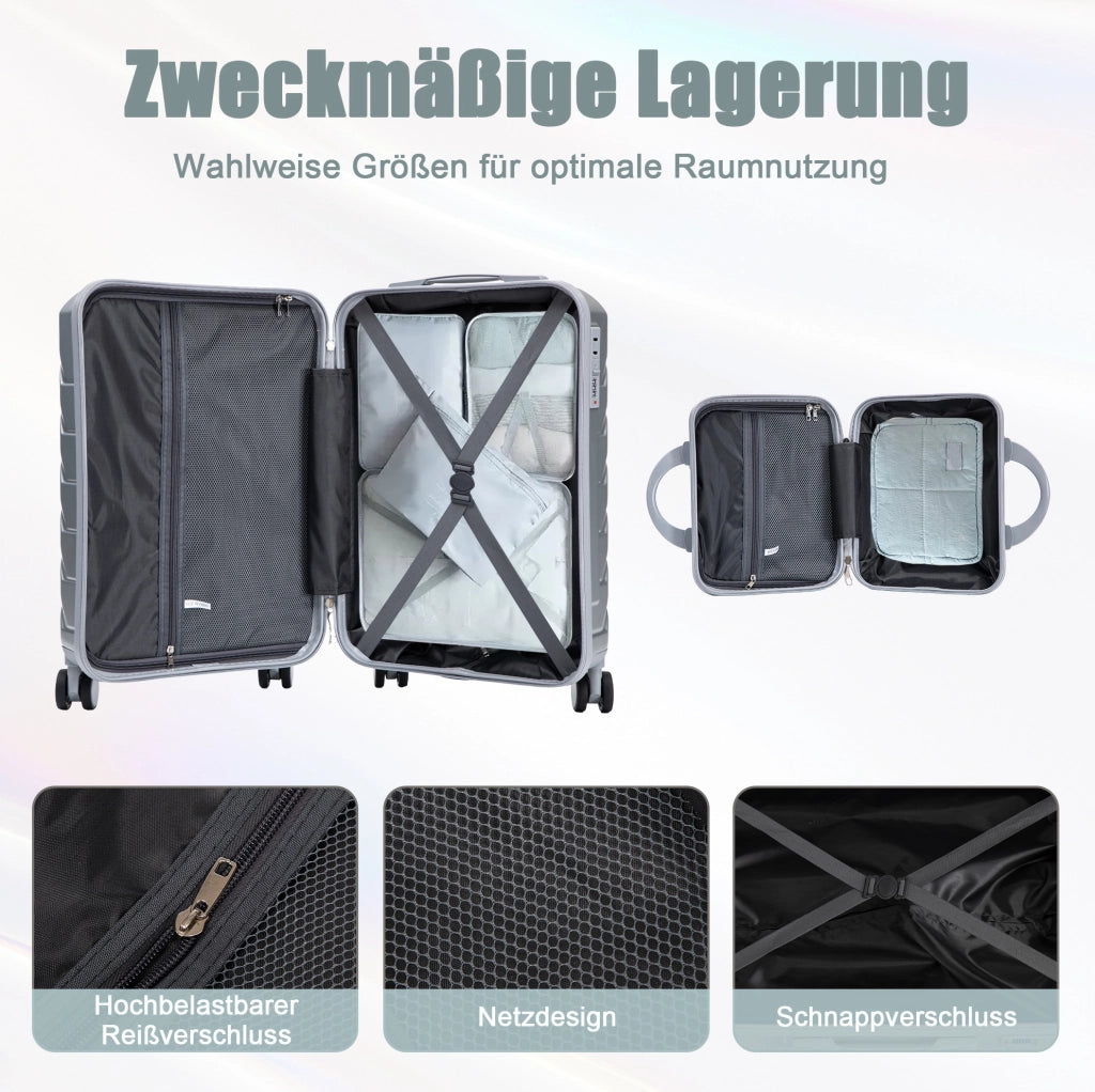 Set Valigie Rigide ABS con Spinner da 14" e 19" con Trolley e Porta Cosmetici Argento
