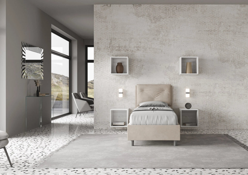 BS COM Letto singolo contenitore imbottito 80x200 microfibra sabbia
