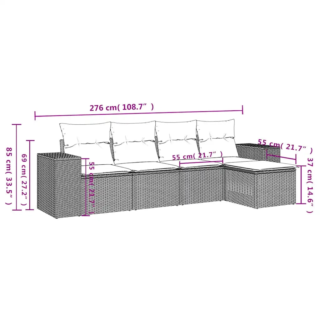 Set Divano da Giardino 5 pz con Cuscini Marrone in Polyrattan