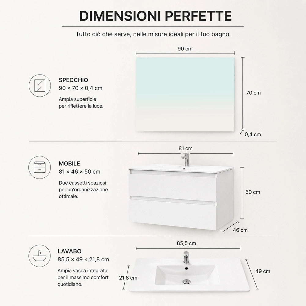Mobile da Bagno Sospeso con Specchio e 2 Cassetti Otranto Larghezza 80cm Bianco