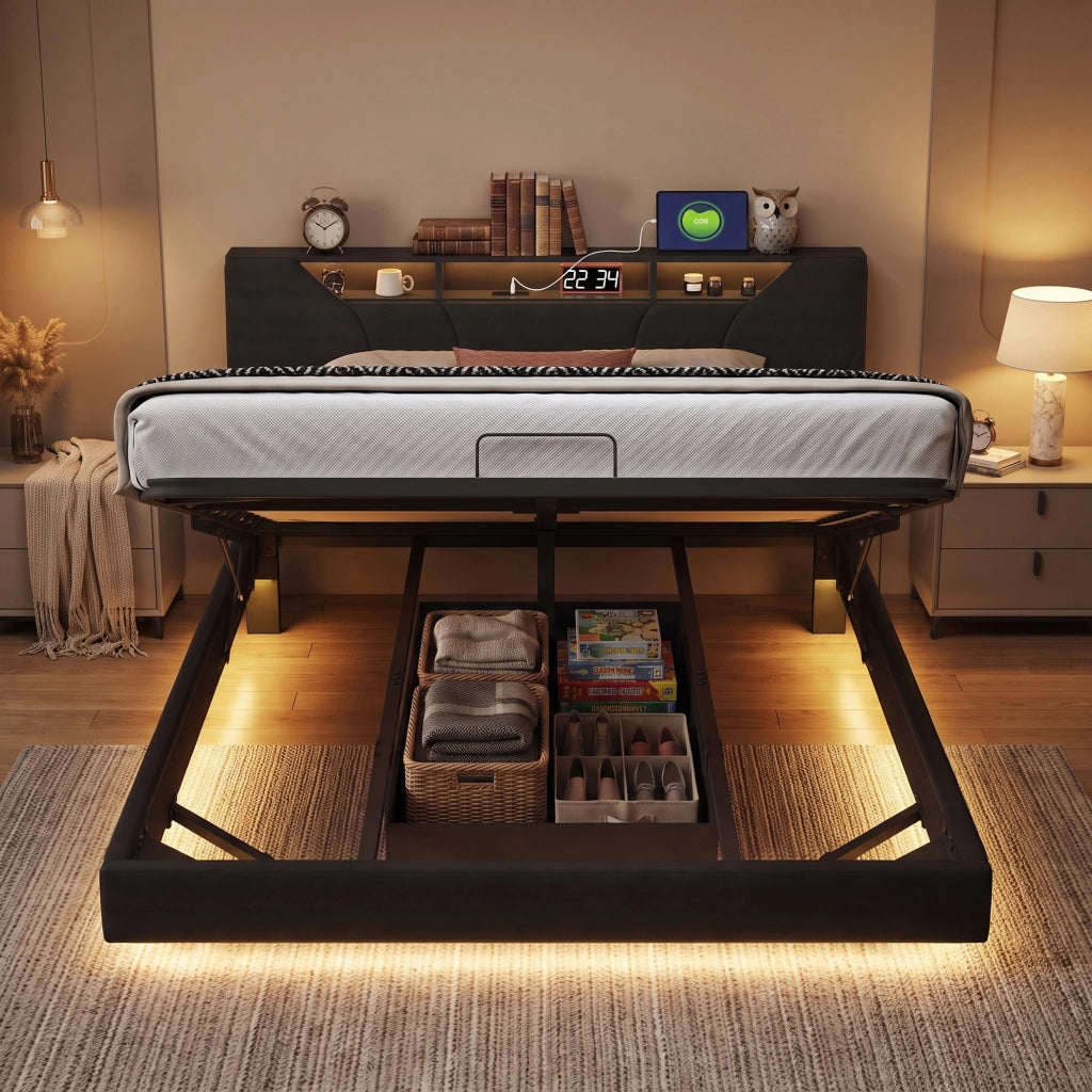 Letto Matrimoniale 140 x 200 cm;Contenitore idraulico;Effetto Visivo Levitante;Testiera regolabile con contenitore;LED e USB;PU;Nero