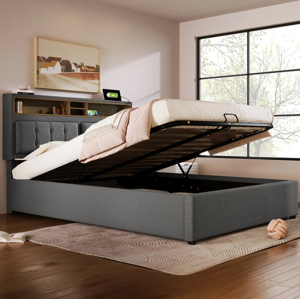 Letto imbottito 140x200 con testiera regolabile, USB e contenitore