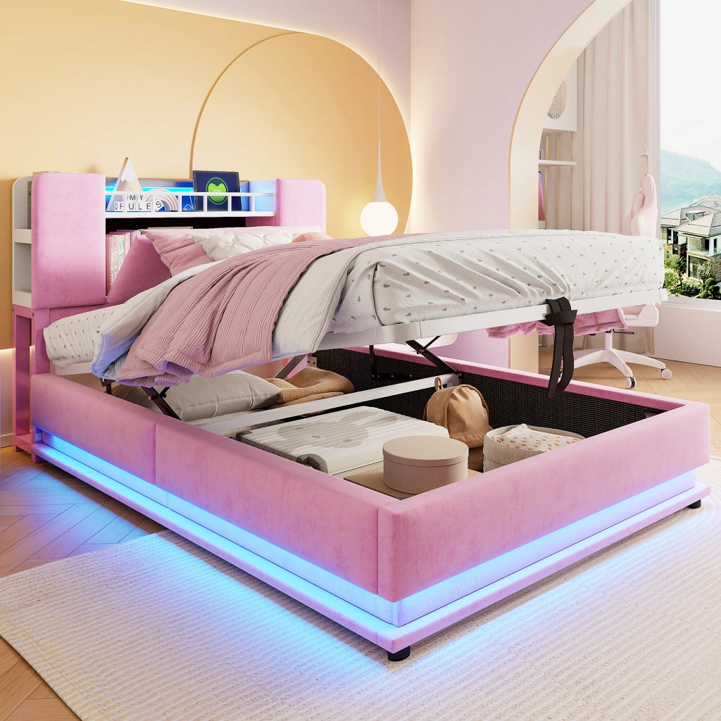 Letto per bambini imbottito 90 × 200 cm in velluto rosa con LED USB vano contenitore idraulico e rete in metallo