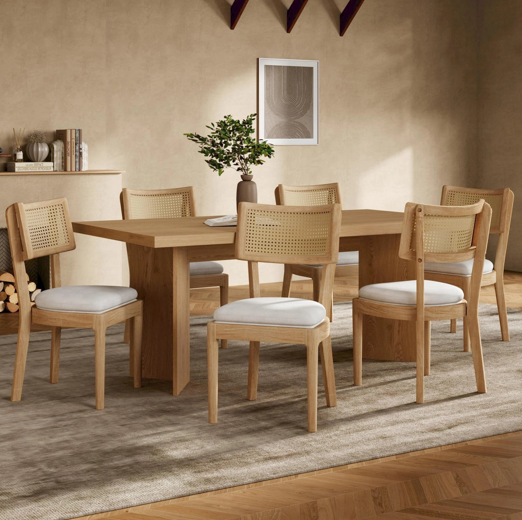 Set di 2 sedie da pranzo in legno massello con schienale in rattan e cuscino in lino, design moderno, colore legno naturale