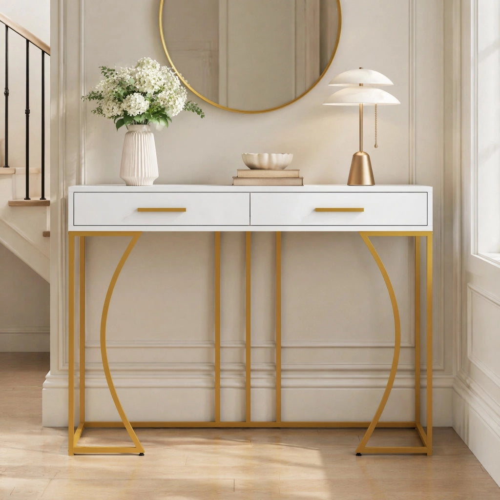 Tavolo consolle bianco e oro con 2 cassetti, metallo e piano in MDF, 110x32x85 cm
