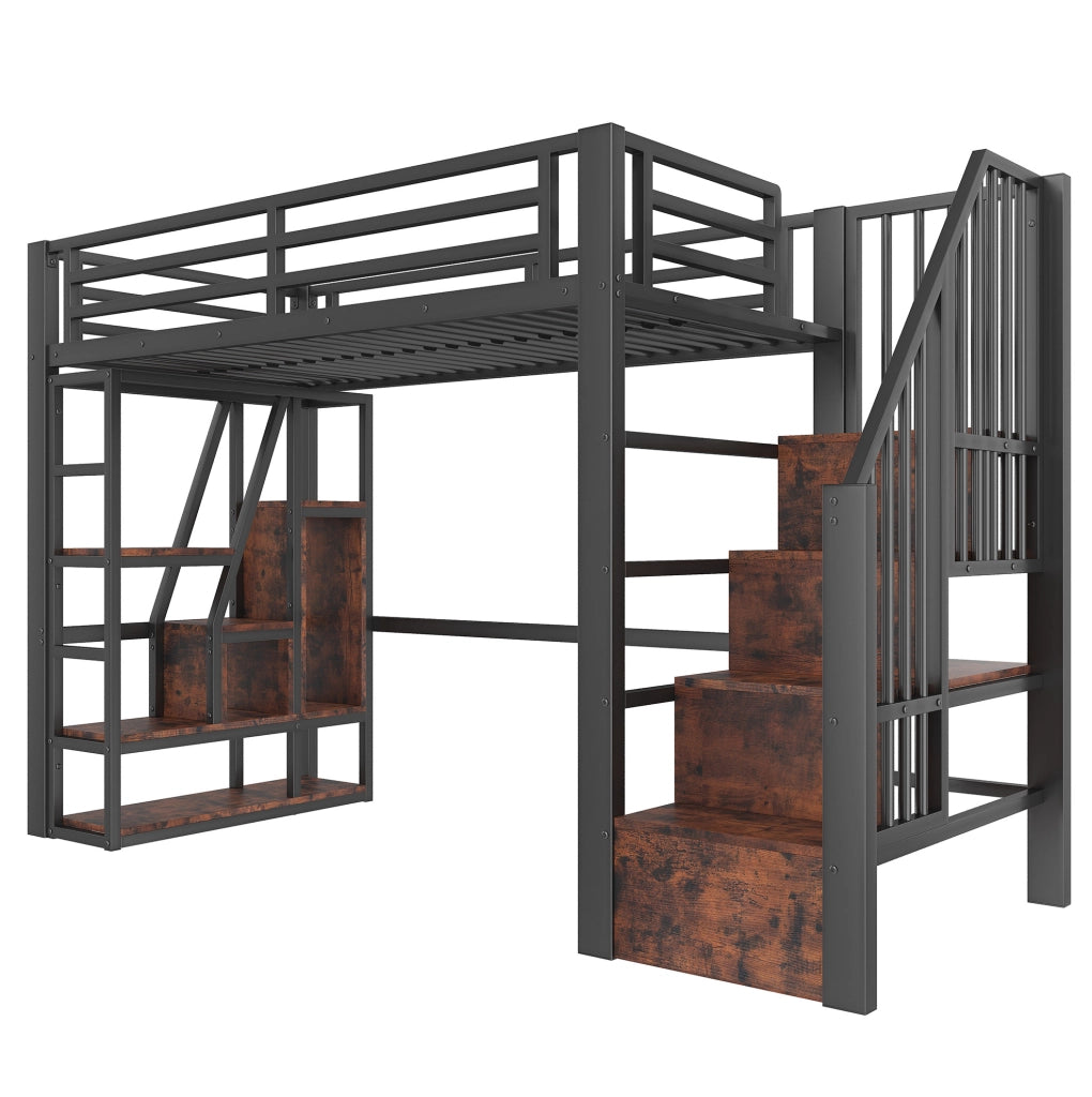 Letto a soppalco 90x200 cm con LED, scaffali e scala in metallo e MDF nero