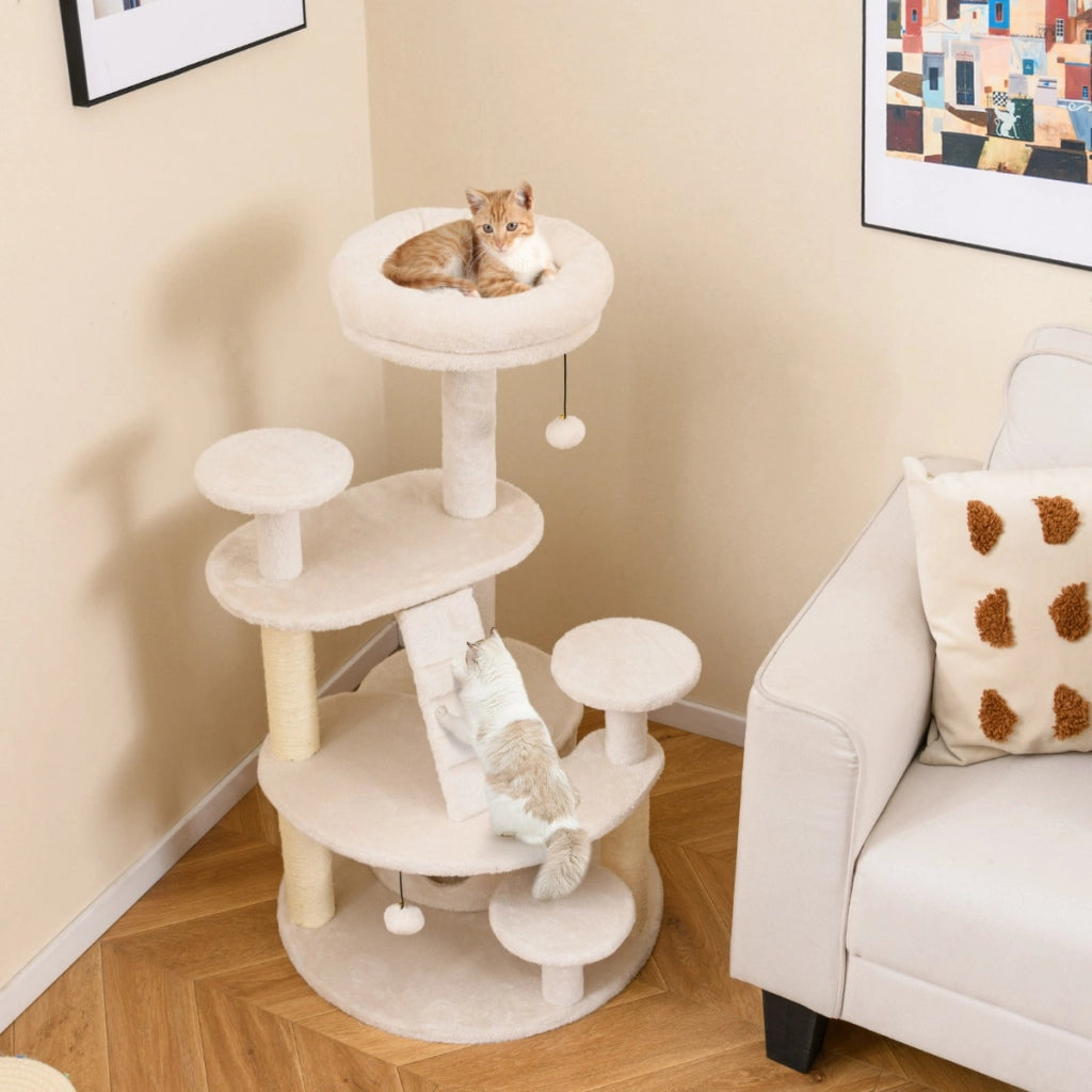 Albero per gatti adulti con condominio e piattaforma imbottita, Centro attivit¨¤ per animali domestici interno Bianco-Alberi Tiragraffi