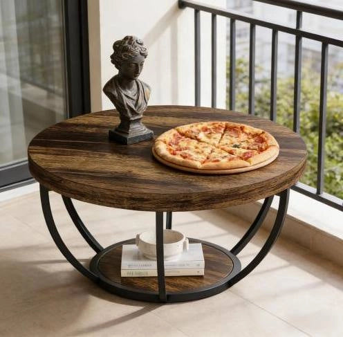 TAVOLINO DA SALOTTO Rotondo a 2 livelli Rustic Metallo e Legno