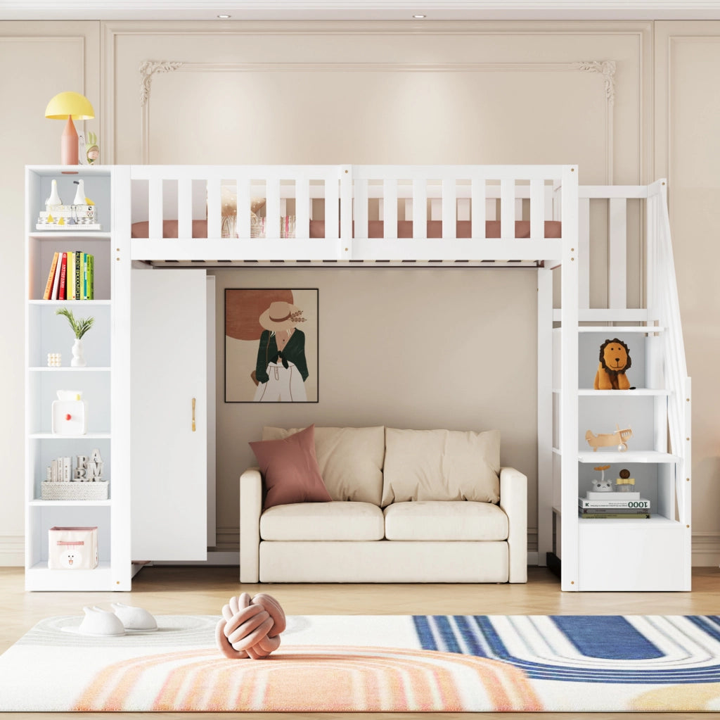 Letto a soppalco 90x200 cm con guardaroba; ripiani e scala con cassetti