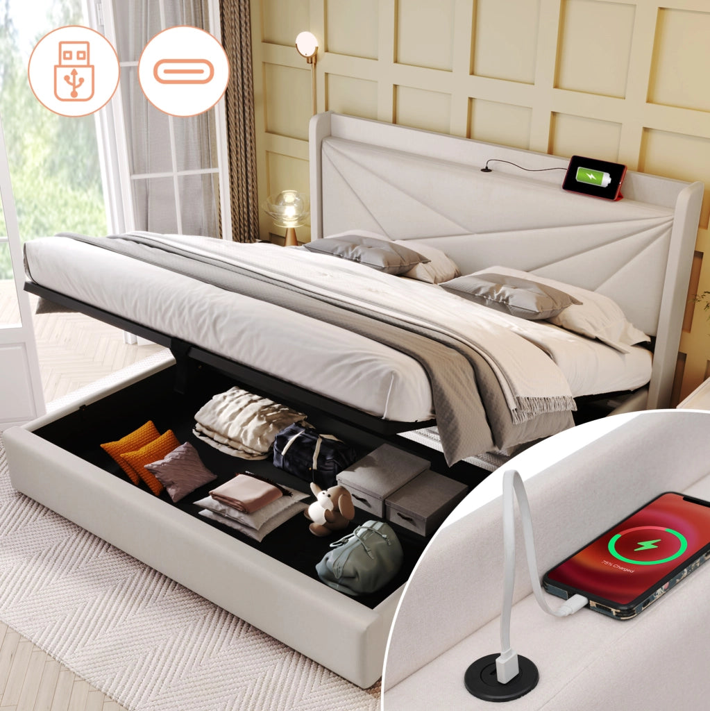 Letto matrimoniale 160x200 beige con contenitore, USB e Type-C