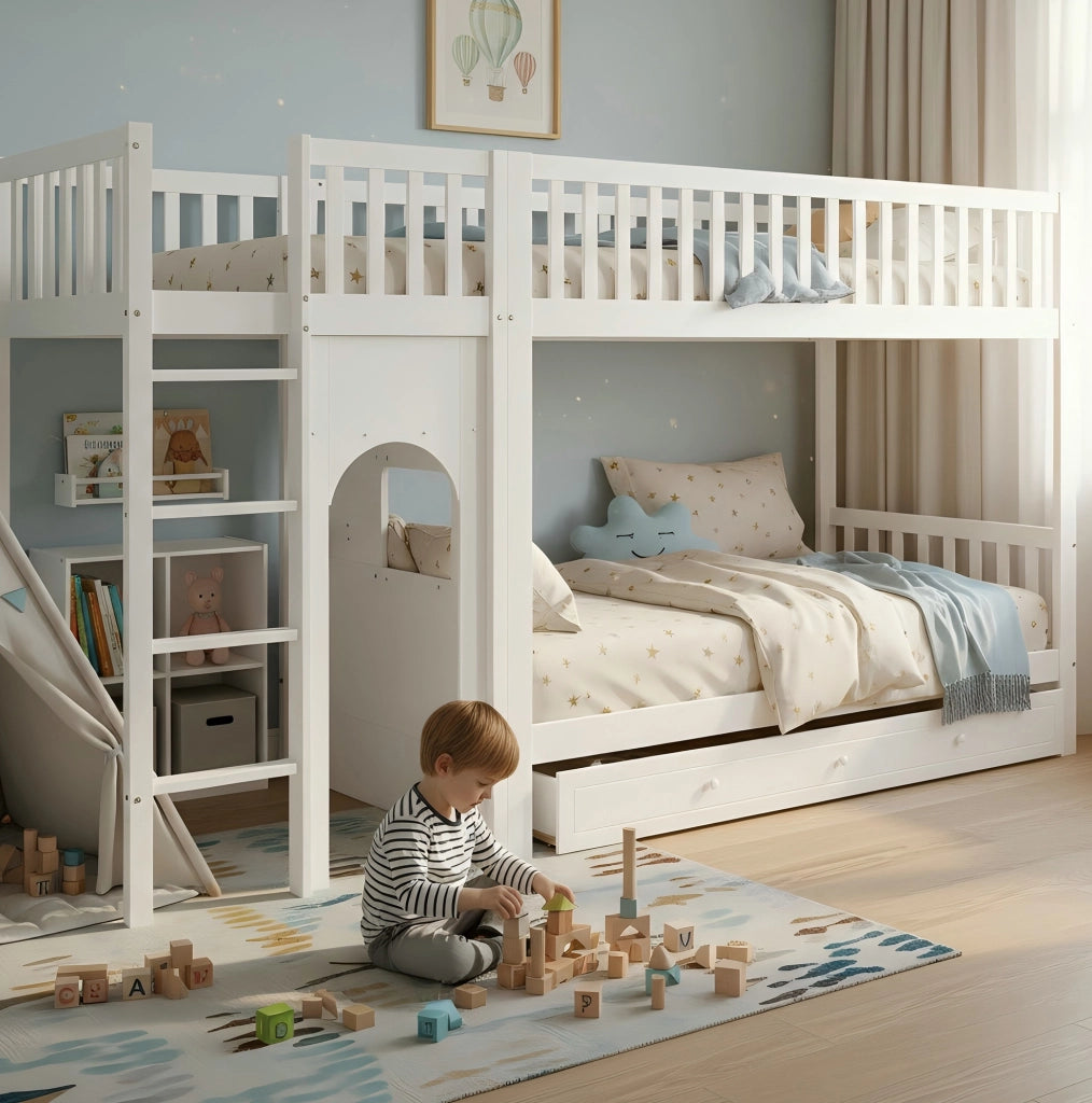 LETTO a castello 90x200 cm in legno massello e MDF bianco e naturale