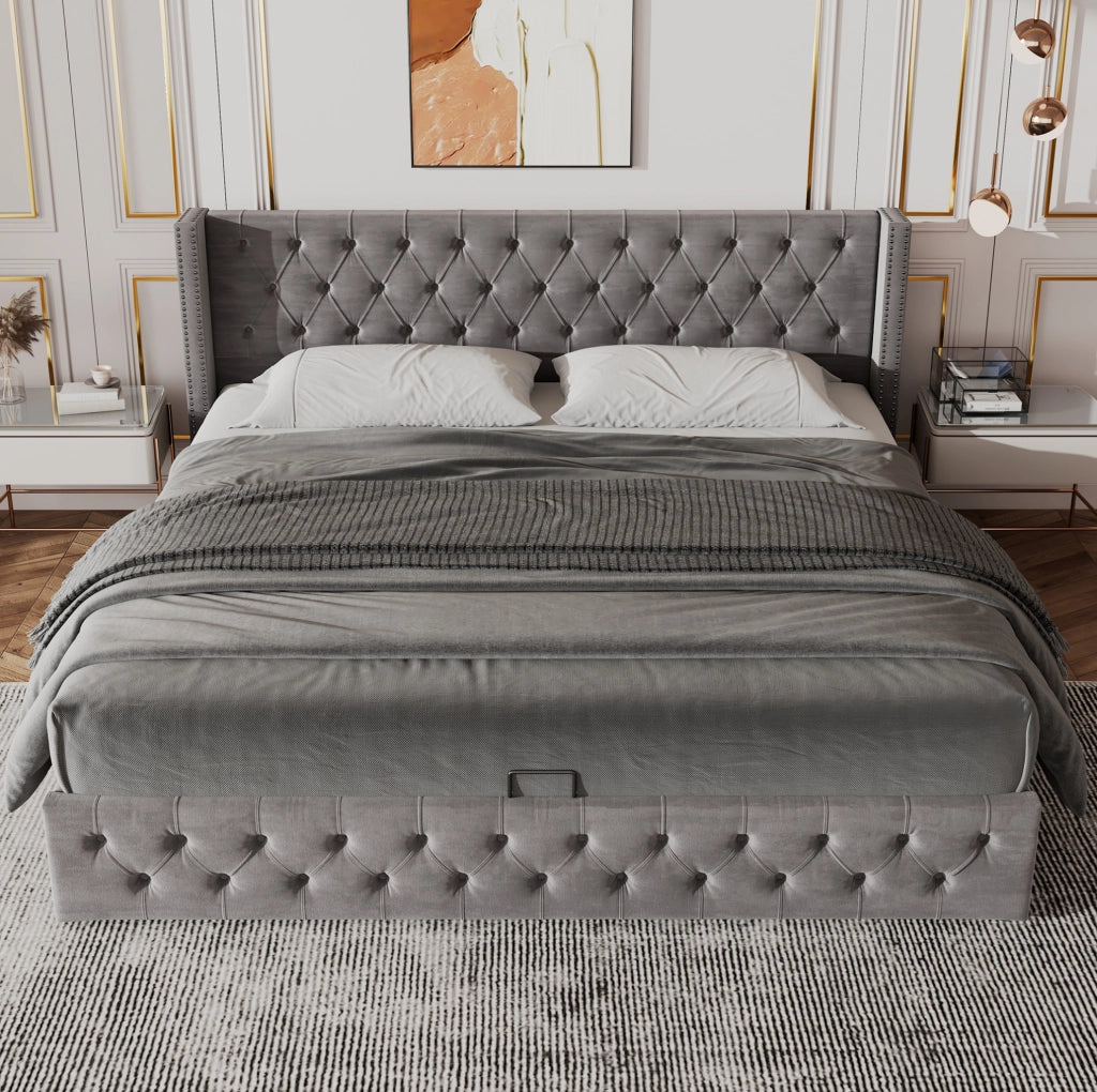 Letto contenitore in velluto grigio 140 x 190 cm con sollevamento idraulico