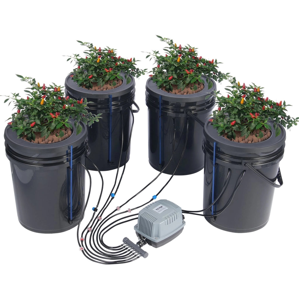 Kit Sistema di Coltivazione Idroponica DWC 4 Secchi da 20L in Polipropilene con Pompa Aria e Top Drip per Giardinaggio Fai da Te