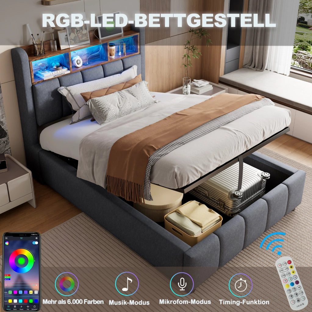 Letto singolo imbottito 90x200 cm grigio con LED e USB